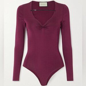 Gucci Purple Ruched Patent Leather-trimmed Stretch-jersey Bodysuit